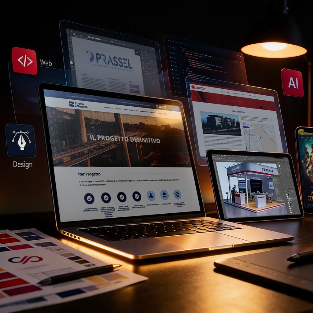 Workspace digitale con laptop, tablet e progetti web, design e AI